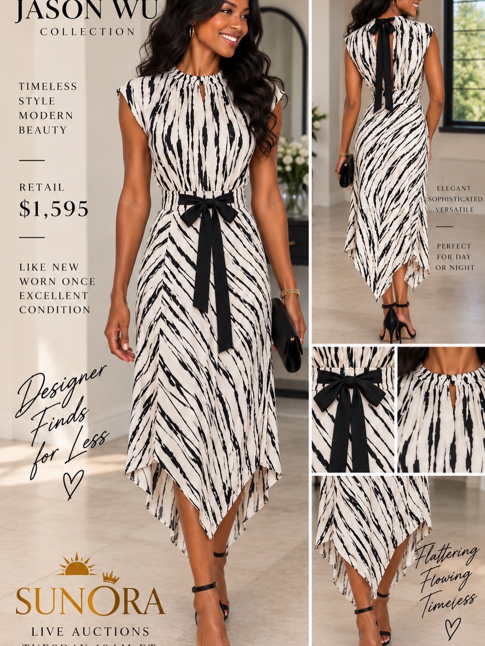 Jason Wu Black and Cream Handkerchief-Hem Midi Dress